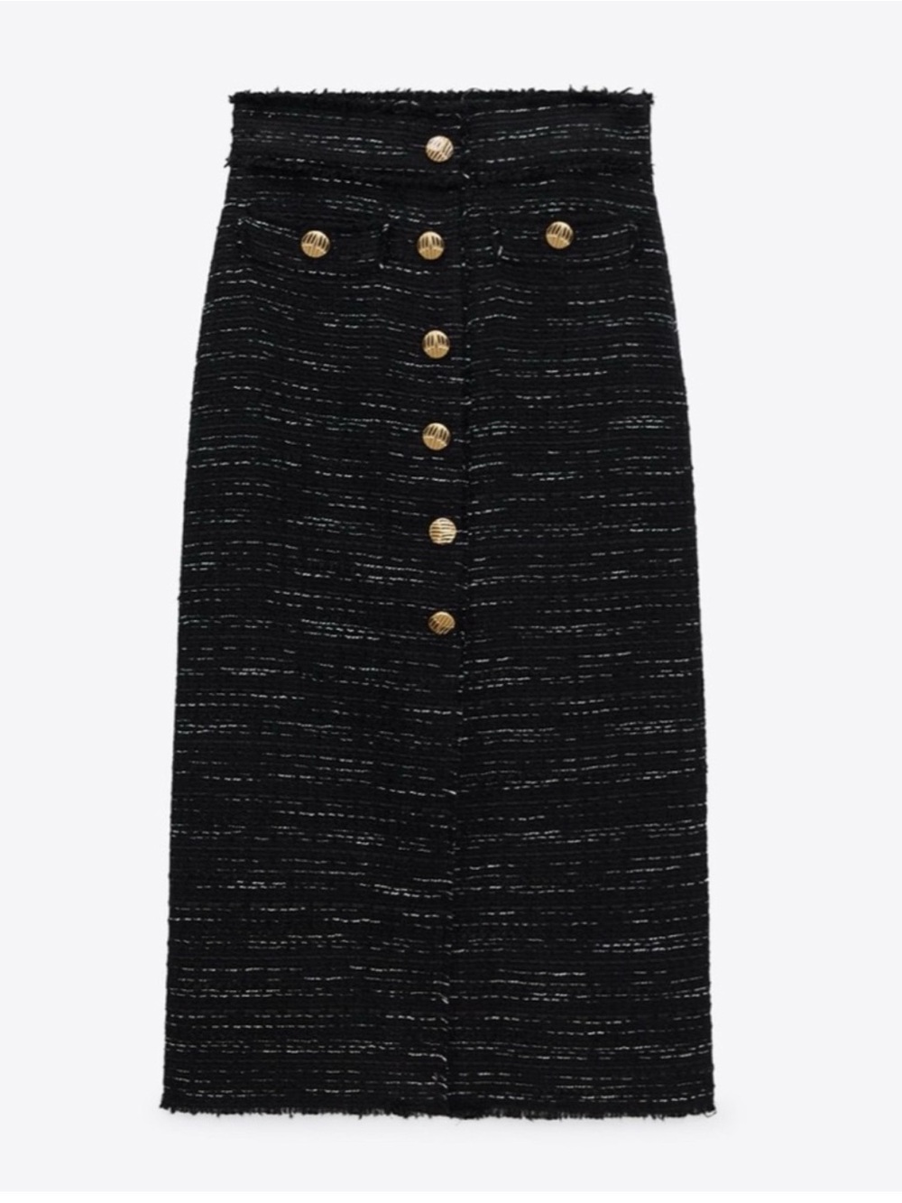Zara Black Tweed Midi Skirt with Gold Buttons